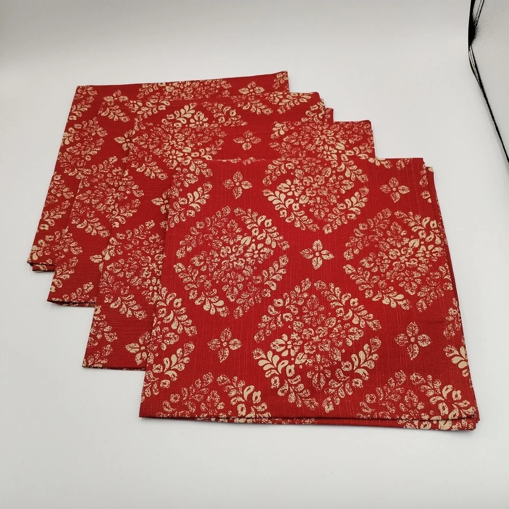 Set of 4 O HOME Cloth Napkins Red‎ Tan Damask Floral Woven Dinner 20
